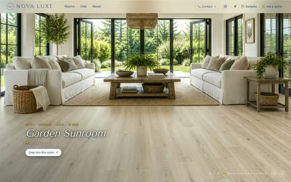 Live homepage of Nova Luxe — a sunlit living room with a swatch-driven floor configurator