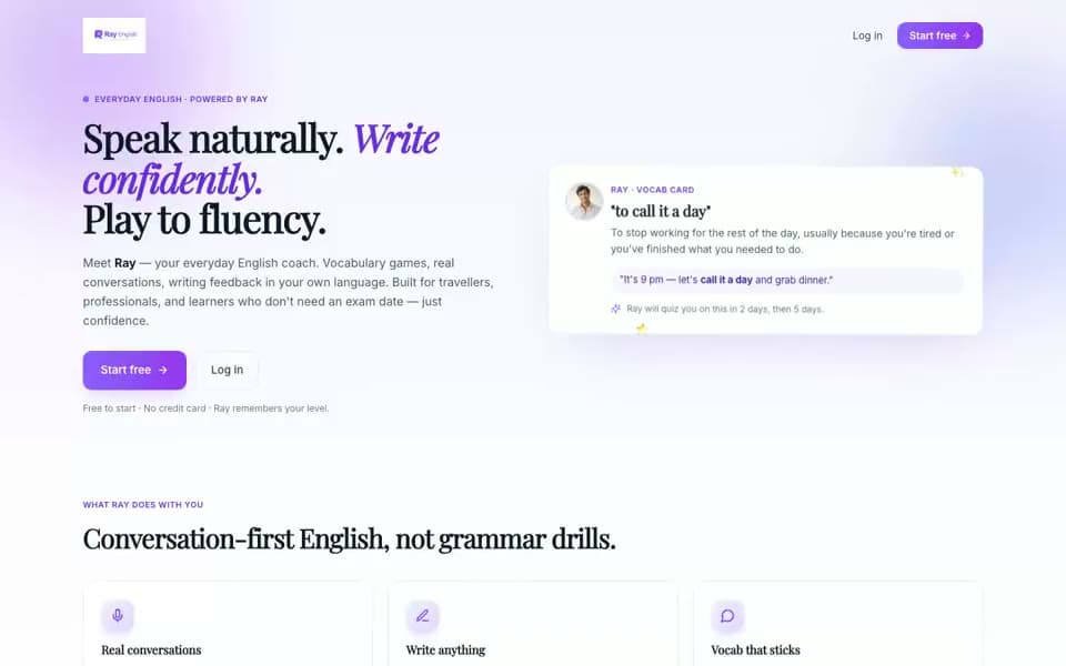 Live homepage of Ray English — a lavender hero with an AI vocab-card demo